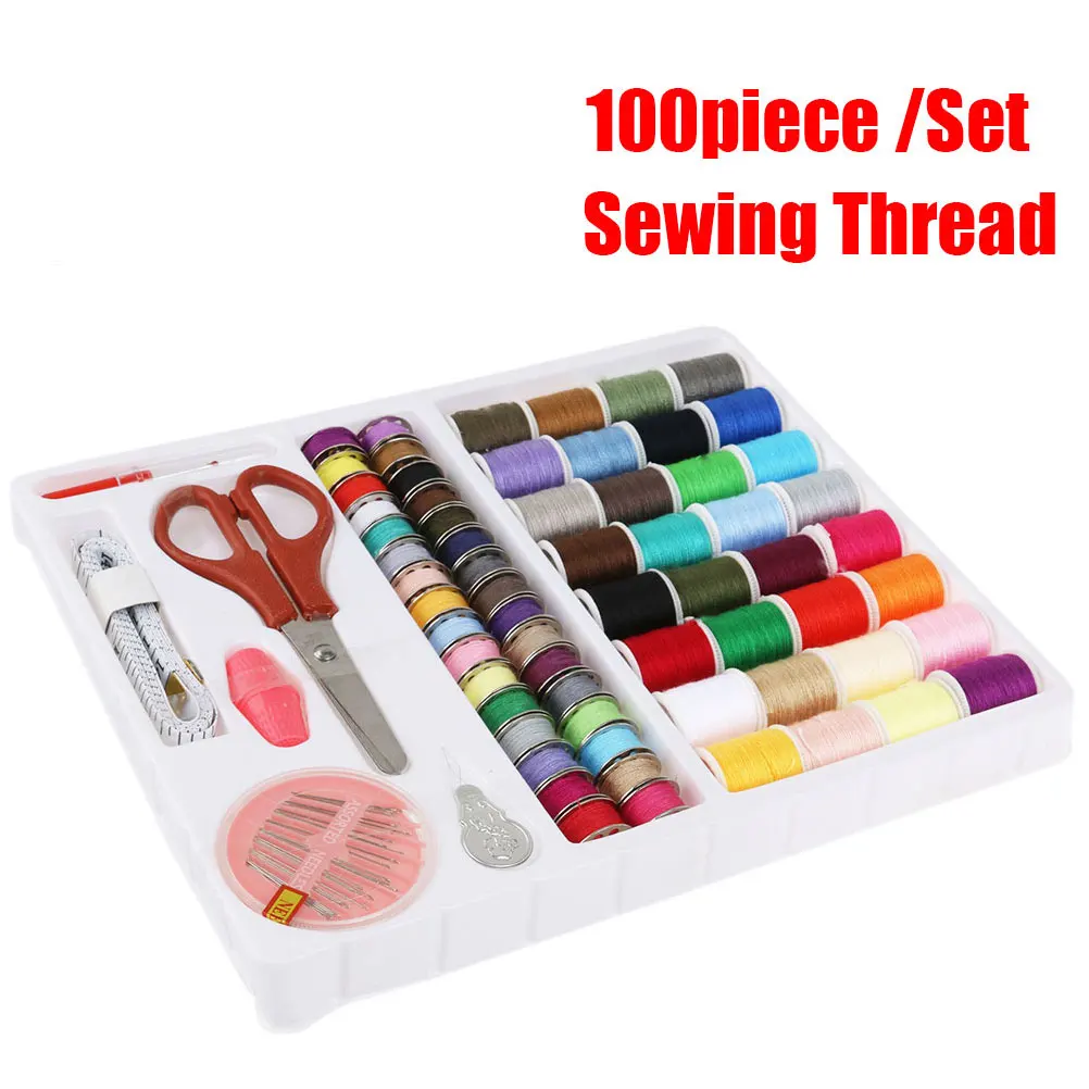 

Sewing Machine Needlework Box 32 Threads 32 Bobbins 30 Needles Measuring Tape Scissors Thimble Threader Ripper Plastic