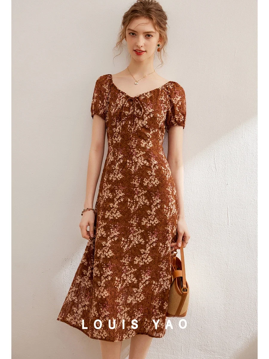 LOUIS YAO Women Dress 2024 Summer Frint Floral Dress Fashion Slim O Neck Short Sleeve Long Dress