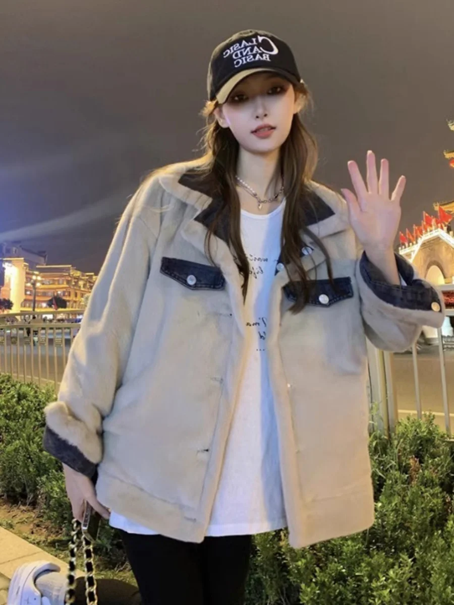

Women's Double-Sided Wear Denim Jaet Rabbit Fur Lined Thiened Cotton Coat Parka Jaet Korean Sle Loose Fit Winter Coat