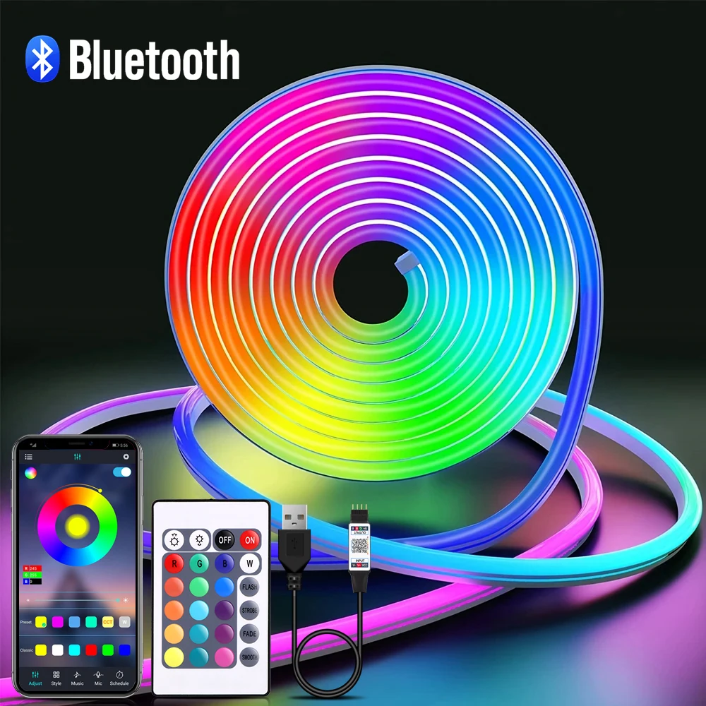 5V USB RGB Neon LED Strip Waterproof Flexible Ribbon Tape Neon Lights with App and Remote Control for Home Room Decoration