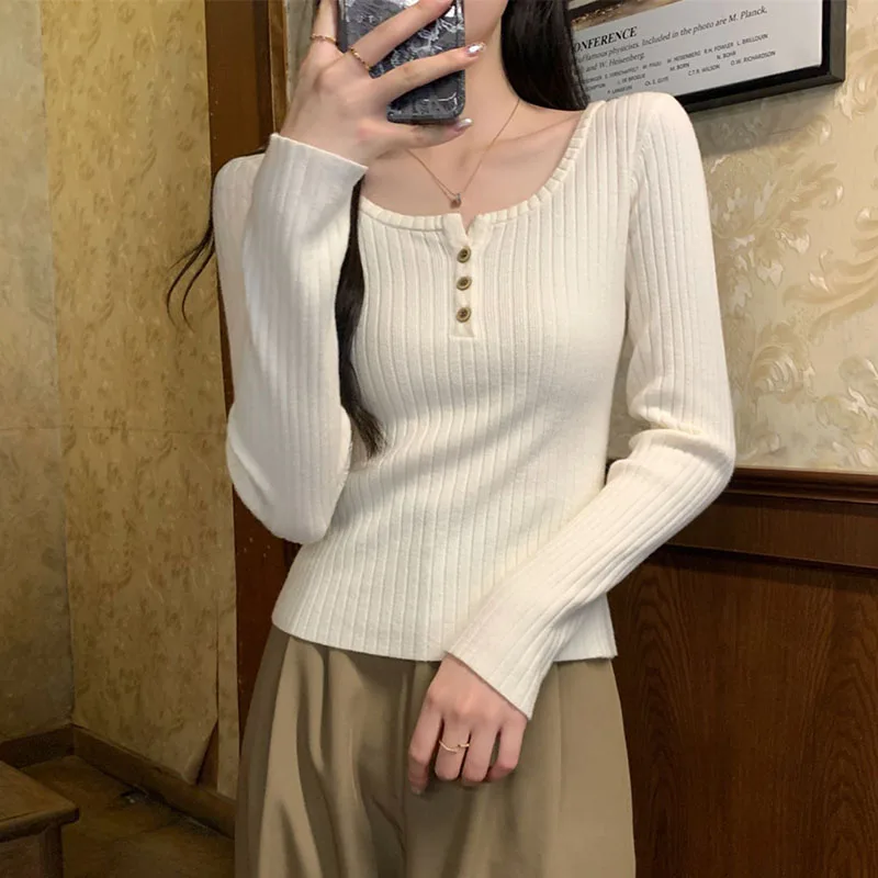 Maglione da donna lavorato a maglia autunno inverno tinta unita basic slim button-up o-collo pullover donna coreano corto morbido caldo maglione lavorato a maglia