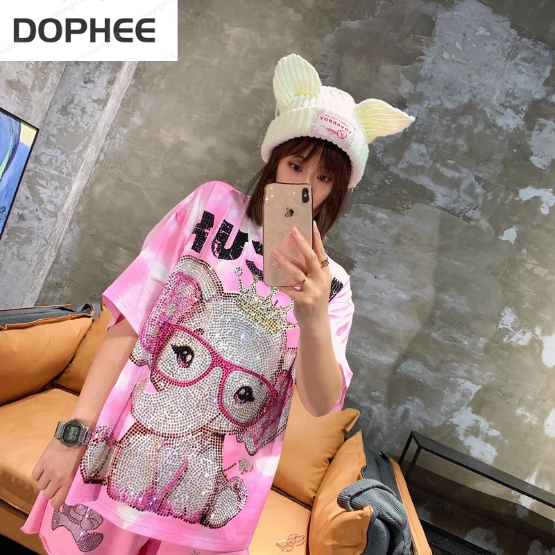 

2022 New Summer Women Oversized Tops Trendy Cute Pink Age Reduction Short Sleeve T-shirt Elephant Hot Drill Tie-dye Loose Tees