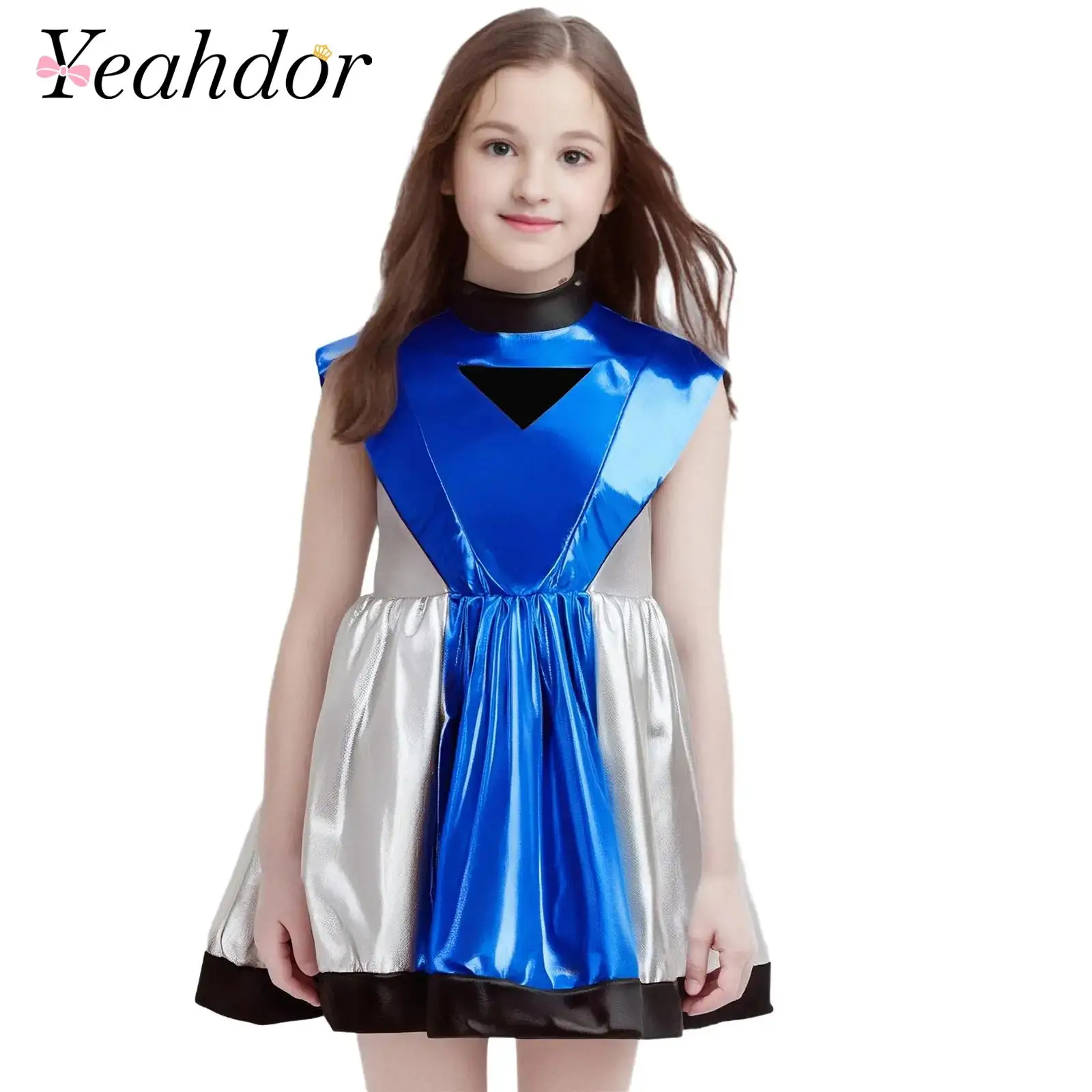 Kids Girls Halloween Alien Cosplay Costume Outer Space Astronaut Cutie Costume Shiny Metallic Dress Role Play Masquerade Costume