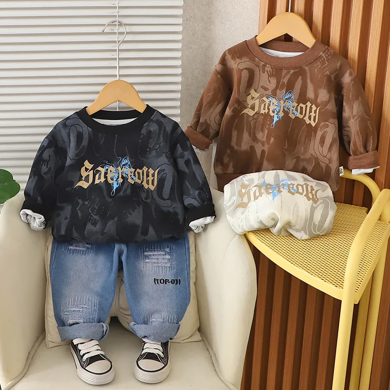 

Весенне-осенняя одежда, комплект детской одежды, модные толстовки для маленьких мальчиков + джинсовые брюки, костюм из 2 предметов, детский повседневный комплект с принтом, От 1 до 5 лет