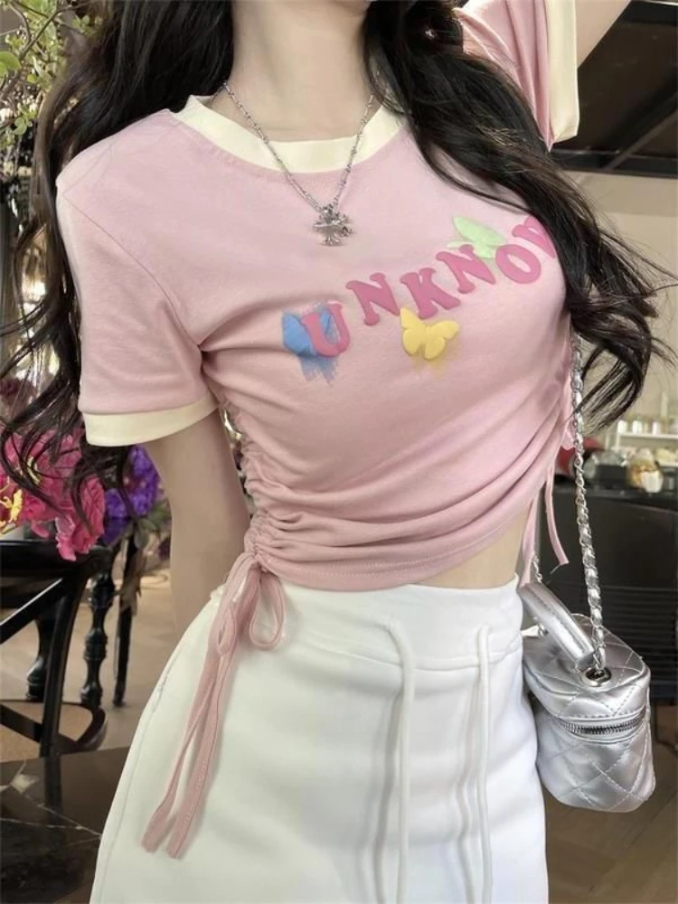 

Dopamine Wears A Женская летняя футболка с короткими рукавами и буквенным принтом, новый короткий топ с завязками контрастного цвета