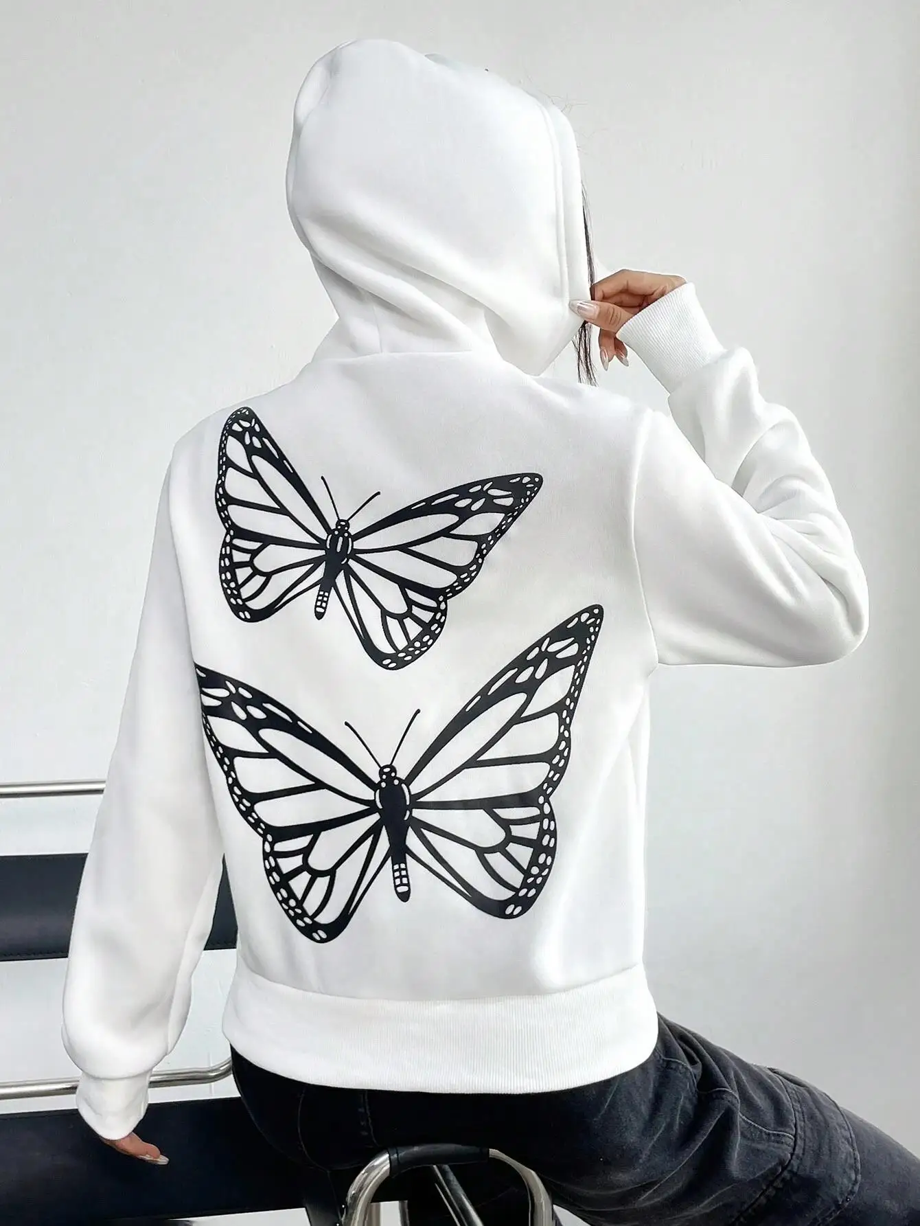 Couples, Butterflies Fly Print Hoodie Women Fashion Warm Loose Hoody Autumn Casual Sweatshirt Fleece Oversize Streetwear Female