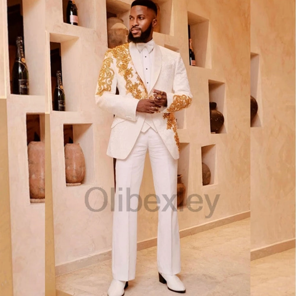 

Olibexley White Suit For Men Groom Party Male Blazer 2 Piece Sets Gold Beading Slim Fit Tuxedos Ropa Hombre Customized S013