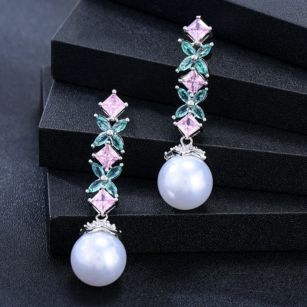 

Kellybola Easy Wear Lovely Geometric Flower Milticolor Cubic Zirconia Pearl Drop Earrings For Women Party Fashion Jewelry 2022