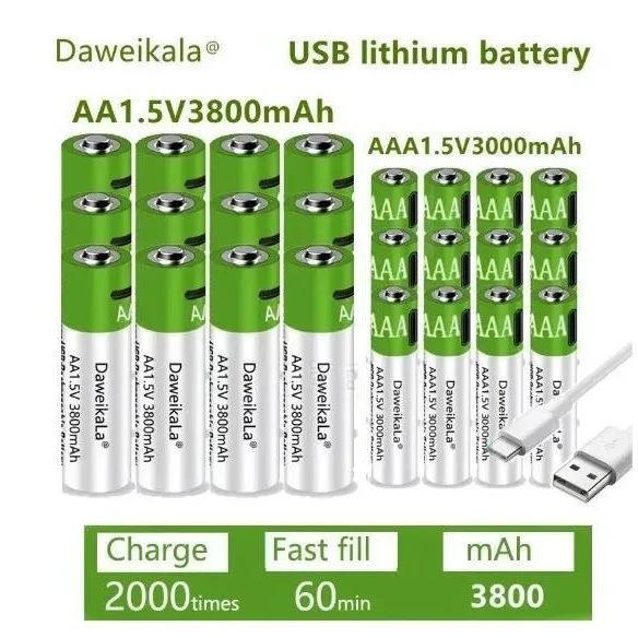 1.5V AA 3800mAh, AAA 3000mAh oplaadbare batterij USB lithium grote capaciteit muis vingerafdruk slot handvat snel opladen