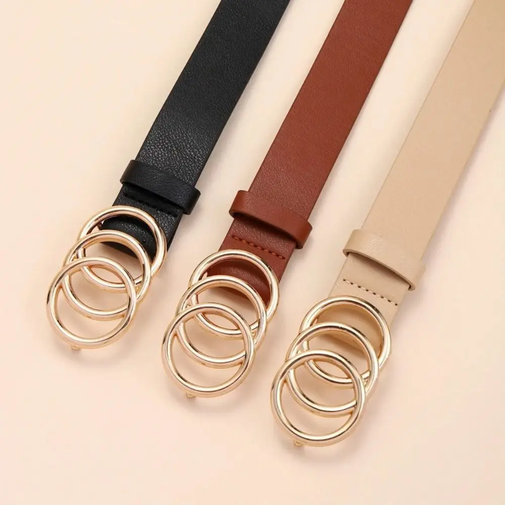 Stylish Luxury Design Women's Belt with Three Ring Alloy Buckle Decoration for Women's Trendy Versatile Leather Belt Waistband