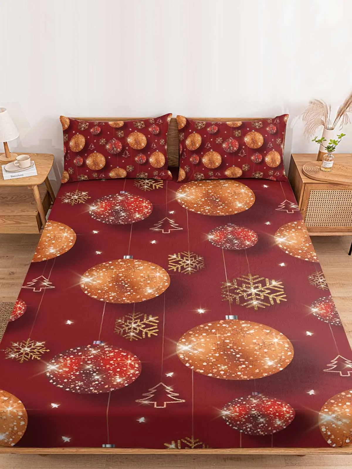 Christmas Balls Snowflakes Queen Size Bed Mattress Fitted sheet Elastic Rubber Band Non-slip Bed Sheet Pillowcase Set