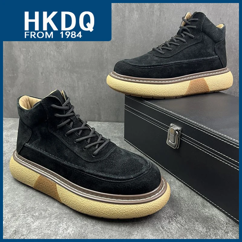 HKDQ Winter Suede High Top Boots Man Fashion Casual Platform Black Ankle Boots For Men Outdoor Non-slip Lace-up Men\'s Half Boots