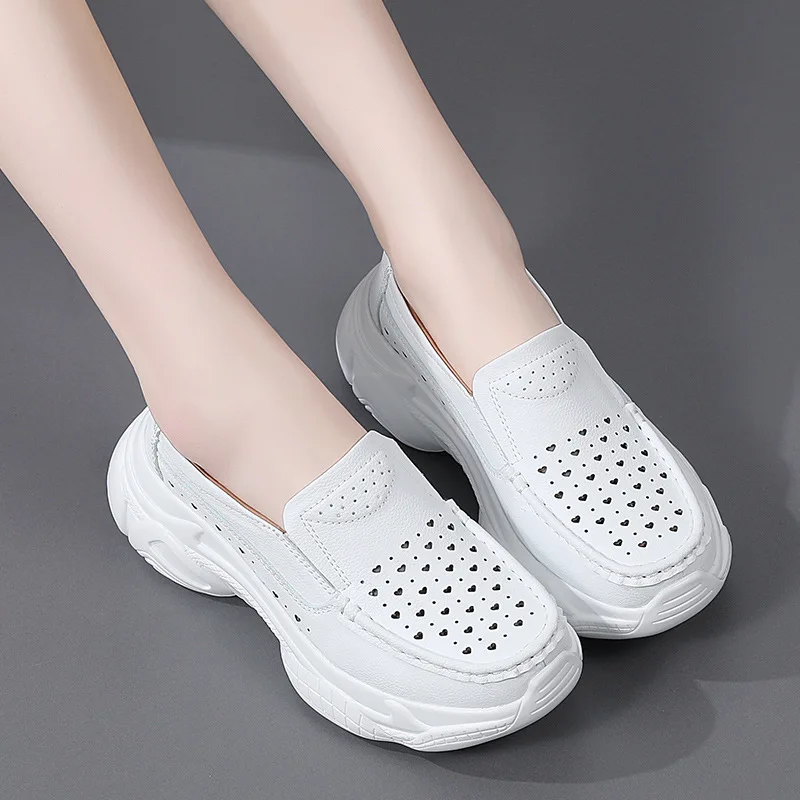 Summer Hollow-out Nurses' Shoes Women's Shoes Casual White Soft Leather Comfortable Thick-soled Work Shoes