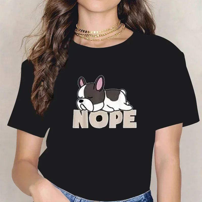 Funny Creative Nope Lazy Frenchie for French Bulldog Dog O-Neck T Shirt Women Short Sleeve Pure Cotton Casual Street Wear Tops