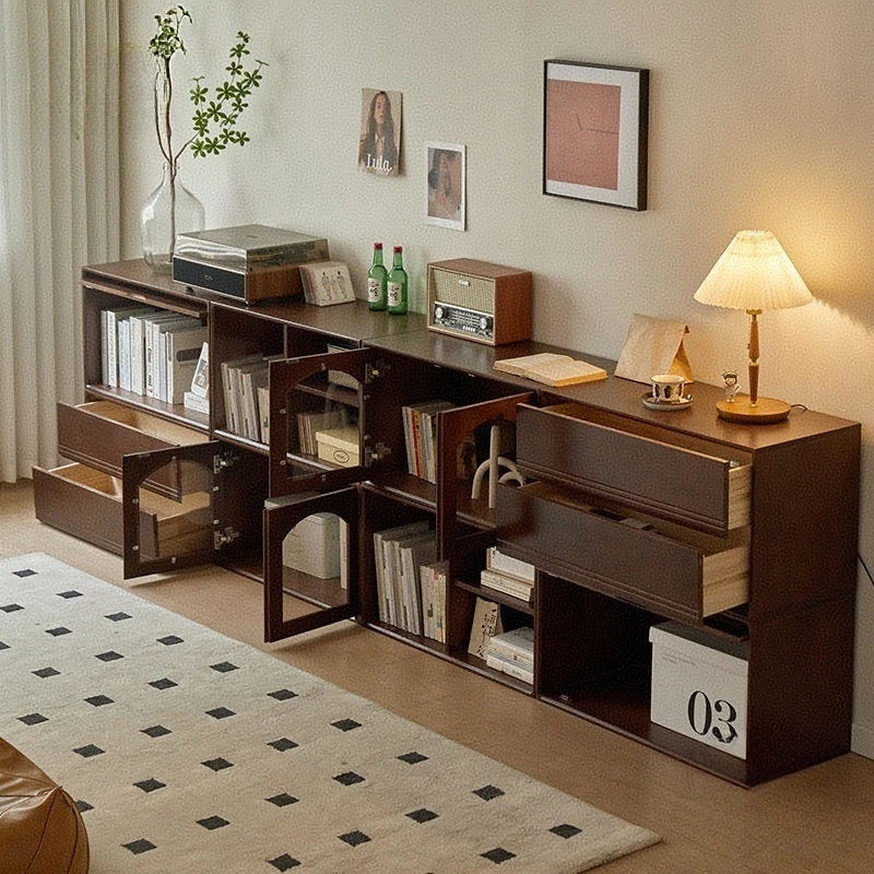 All solid wood module household walnut-colored floor-to-ceiling lattice cabinet