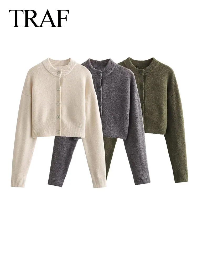 TRAF 2023 Autumn New Women Fashion Casual Solid Knitted Cardigan Sweater Long Sleeve Single Button Green Sweaters Lady Outwear