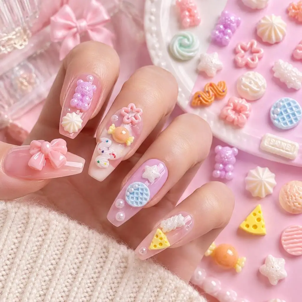 50Pcs 3D Snack Style Nail Charms Cute Resin Bear Bow Star Donut Cheese Cookie Nails Decoration DIY Sweet Girl Manicure Accessory