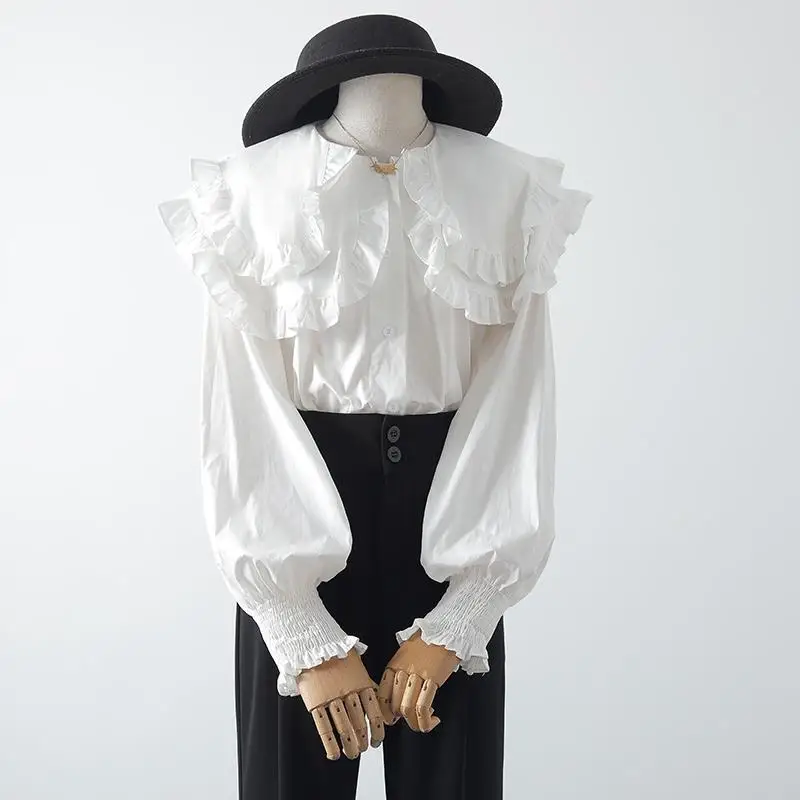 Shirt Women\'s Doll Shirt Big Lapel Ruffle Edge Doll Collar Bubble Sleeves Folded Inner Layer Long Sleeved Top