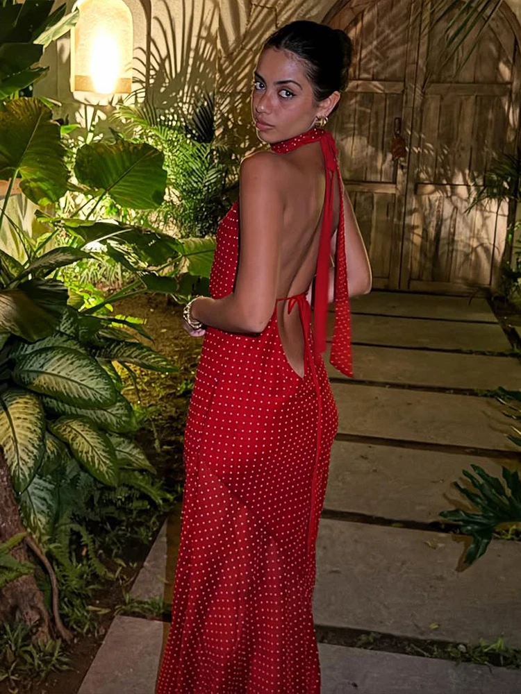 Polka dot print moda maxi vestido feminino cachecol + halter baixo pescoço bandagem sem costas robe férias tendência elegante vestidos