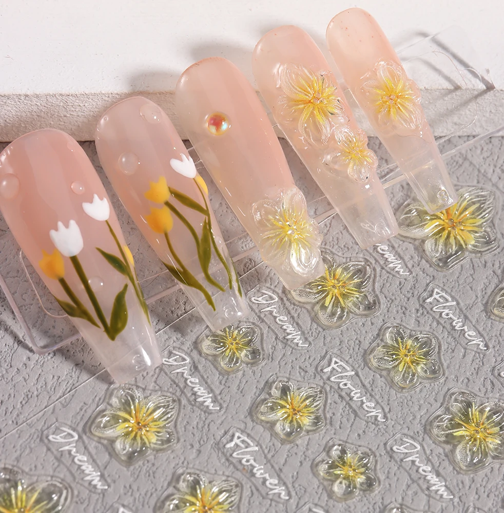 Autocollants 5D à Motif de Fleurs de Lys pour Ongles, Décalcomanies Dégradées, Rose, Jaune, Pétales d'Art, Breloques de Manucure, LEBTY63