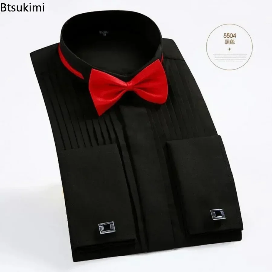 New Men's Wedding Party Club Dress Shirts with Bowtie Slim Fit Solid Wing Tip Collar Tuxedo Shirt Long Sleeve Male Shirts Tops