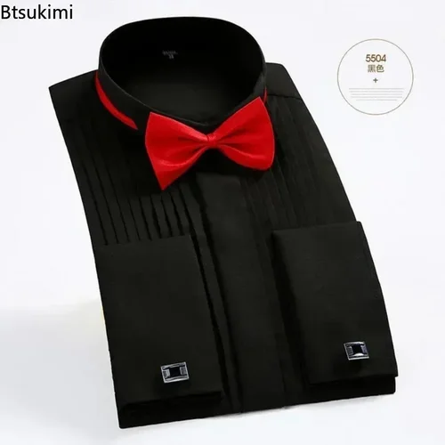 Imagen 2 del producto Nuevas camisas de vestir para fiesta de boda para hombre con pajarita, camisa de esmoquin con cuello de punta de ala sólida ajustada, camisas de manga larga para hombre, Tops