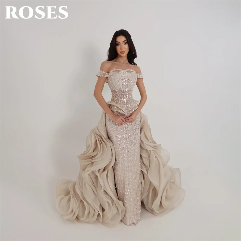 ROSES Champagne Sequin Party Dress Off Shoulder Evening Dress with Train Cut Out فساتين السهرة Trumpet Customized image 2