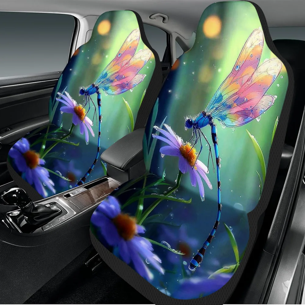 2pcs Spring Dragonfly On Flower Design Universal Car Seat Cover Set – High-Quality, Durable, And Stylish Car Seat Protectors, Un