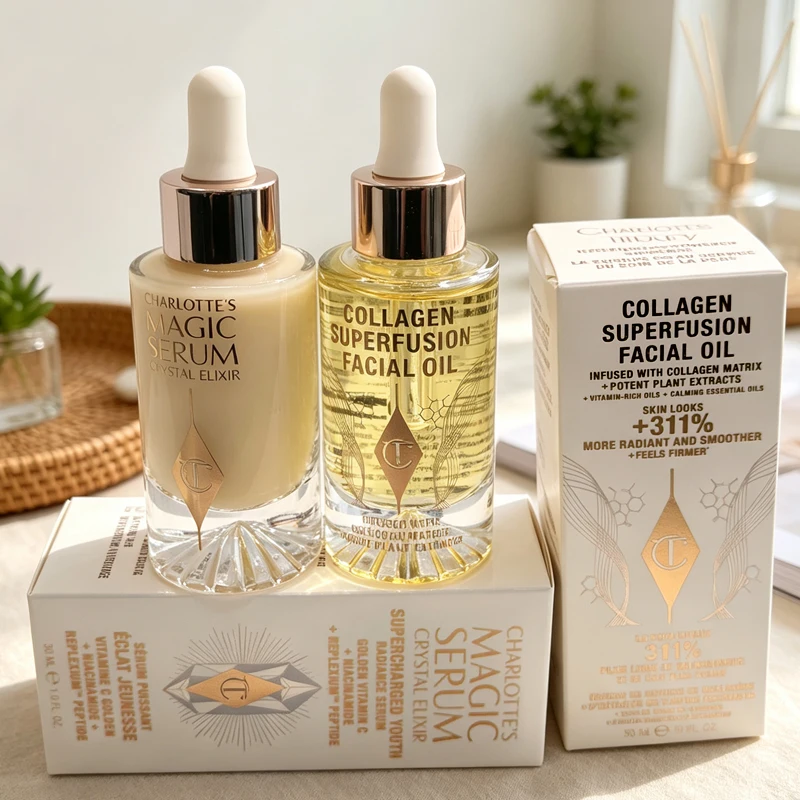 Sérum Visage Superconducteur au Collagène et à l'Essence de Cristal Lumineux Diamant Magique CT, Huile Hydratante et Poudre Fixatrice pour Soin de la Peau – Nouvelle Collection