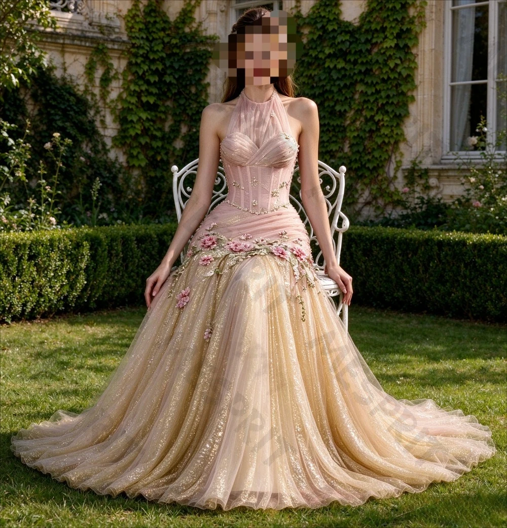 Customized Luxury Hanging Neck Mermaid Evening Gowns with Sequins Rhinestone Flower Embroidery Pleated Trailing Party Dresses
