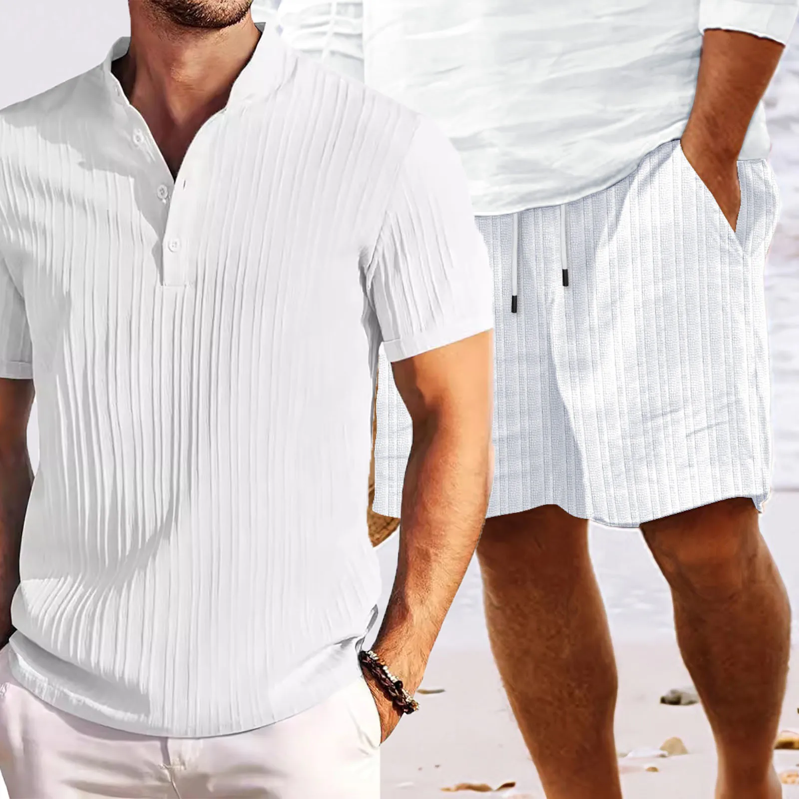 

Autumn Stand Up Collar Striped Jacquard Men's Shirt Casual Loose Solid Color Short Sleeved Shirt Shorts Sports Casual Set