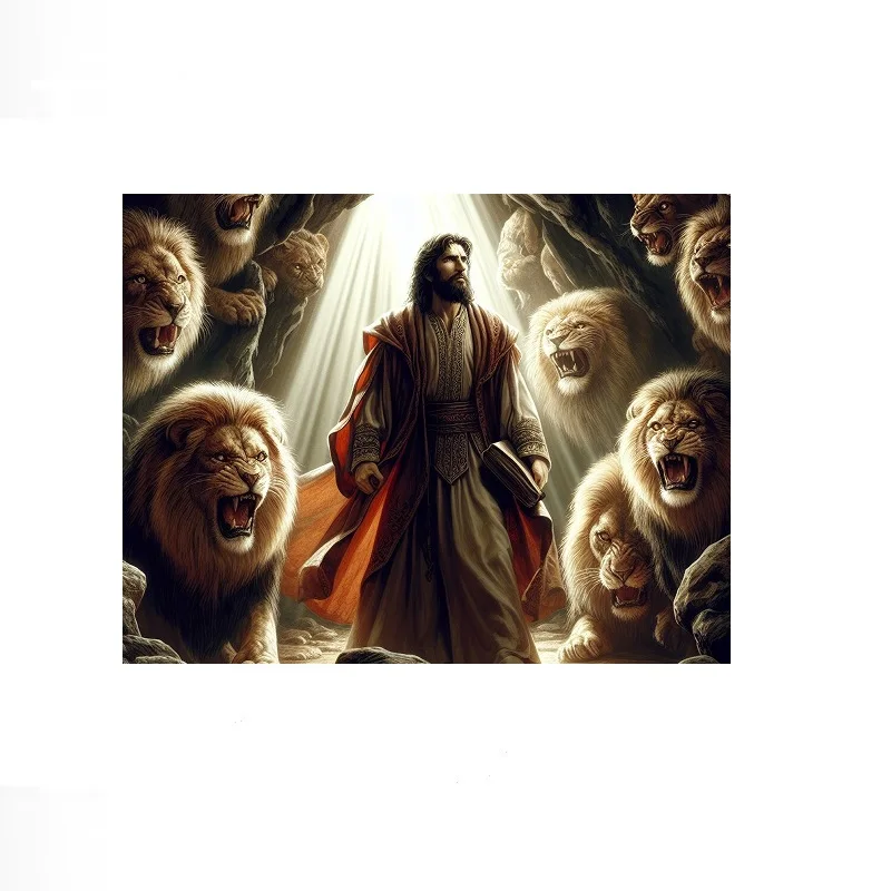 Daniel in the lions, Print Art Canvas Poster, For Living Room Decor, Home Wall Picture