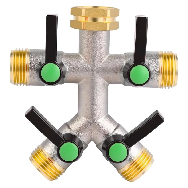 Copper 4-Way Hose Splitter 3/4 inch GHT Ball Valve Garden RV Water Spigot Diverter Black/Red