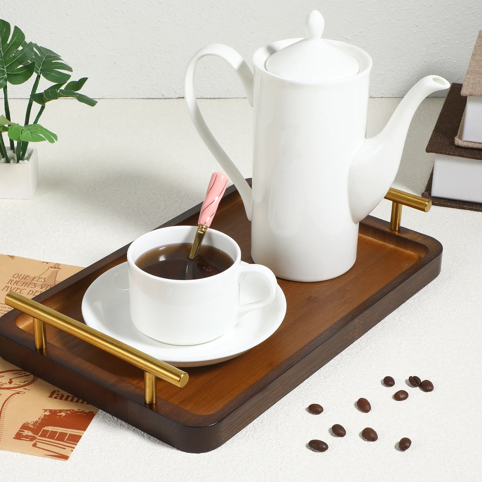 

Bamboo Wood Tray Handles Rustic Aesthetic Tea Table Couch Breakfast Dinner Food Serving Decorative Platter