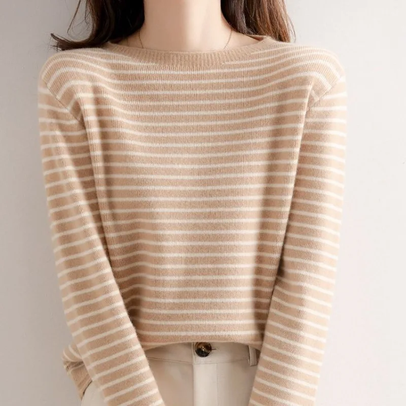 Women Sweater Casual Autumn Winter O-neck Stripe Pullovers Long Sleeve Fashion Korean Bottoming Shirt Basic Warm Knitwear Jumper