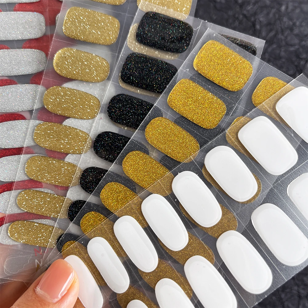 16 Naklejek na Paznokcie z Efektem Brokatu, Półutwardzone Żelowe Naklejki na Paznokcie, Długotrwałe, Pełne Pokrycie, Naklejki na Paznokcie z Efektem Brokatu, Utwardzane Lampą UV/LED