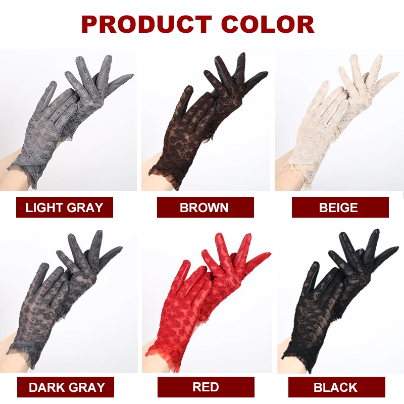 Guantes de encaje de piel de oveja a la moda, seis colores, guantes de cuero para conducir para mujer, guantes de cuero bordados clásicos para