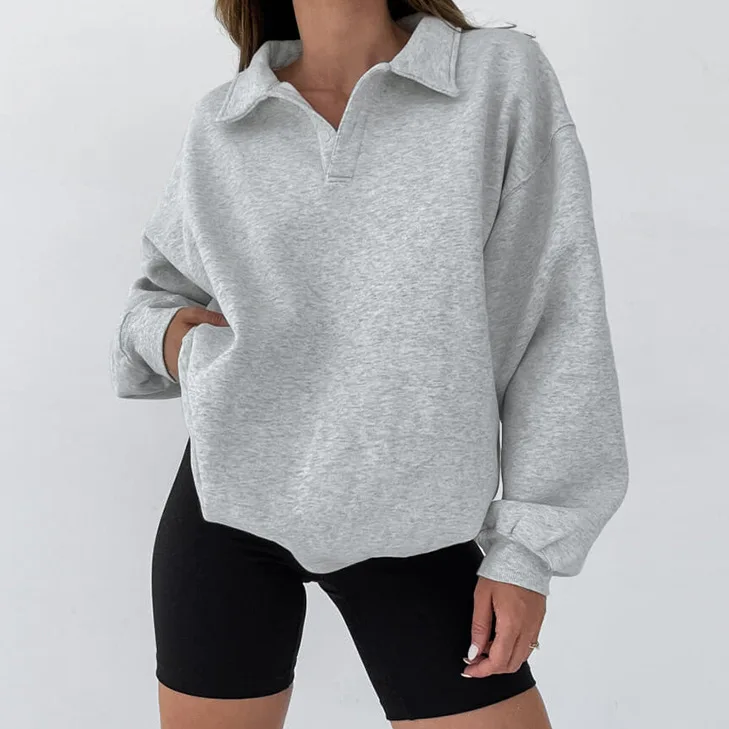 

2026 Autumn Winter Fashion New Loose Casual European American Style Sweatshirt Lantern Sleeve Polo Collar Design Top