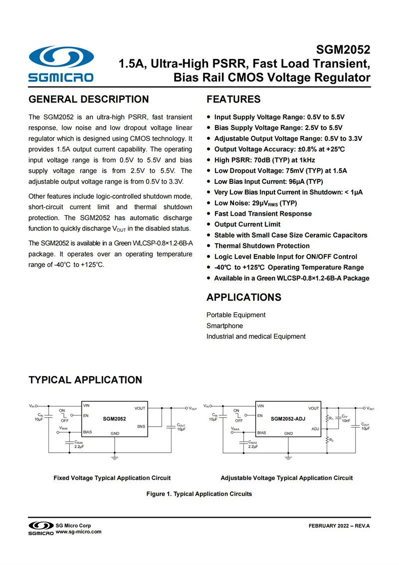 20Pcs SGM2052-3.3XG/TR WLCSP,Fixed Output Voltage:3.3V,1.5A,Ultra-High PSRR,Fast Load Transient,Bias Rail CMOS Voltage Regulator