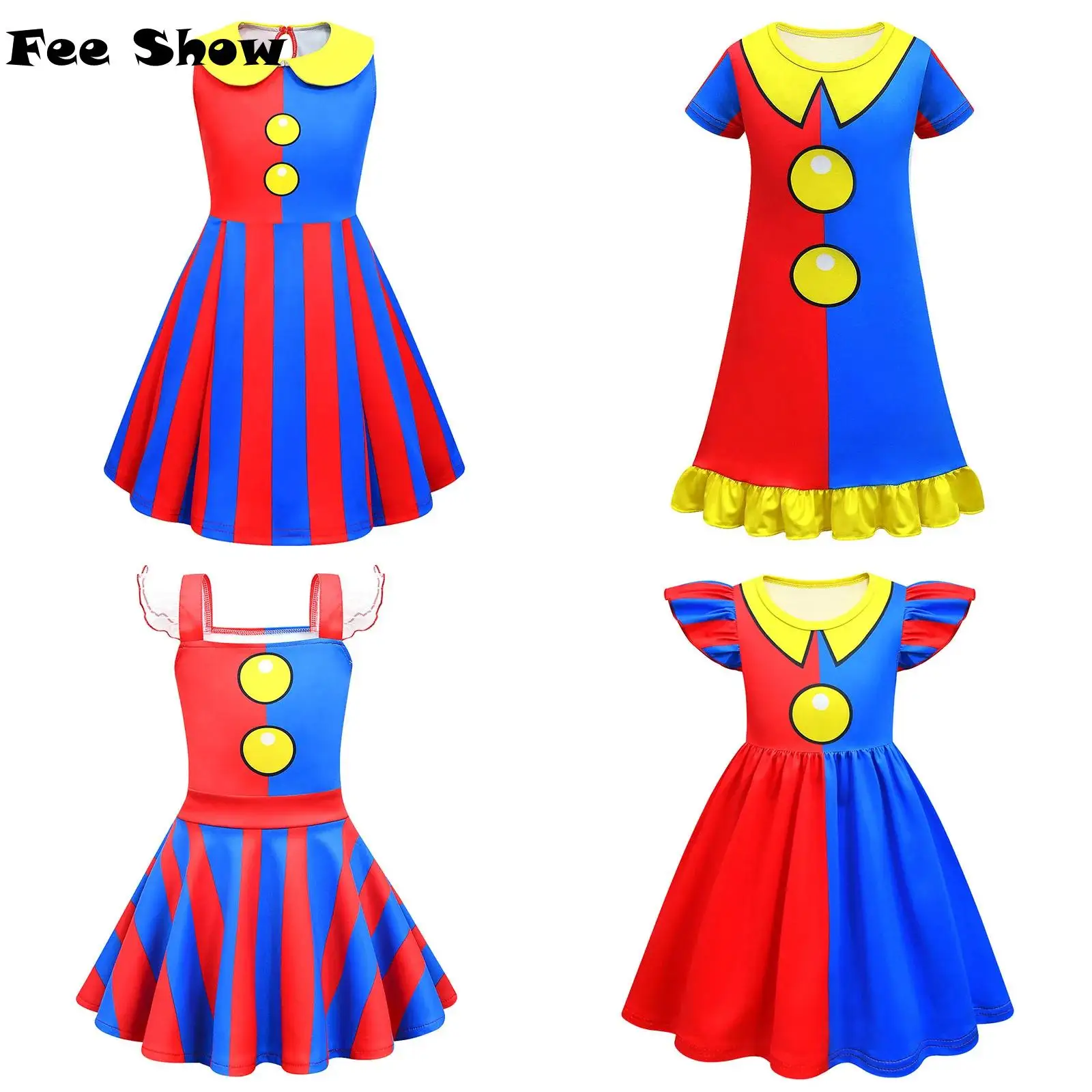 Kids Girls Clown Cosplay Costume Cartoon Character Role Playing Red Blue Color Contrast A-Line Dress for Halloween Party