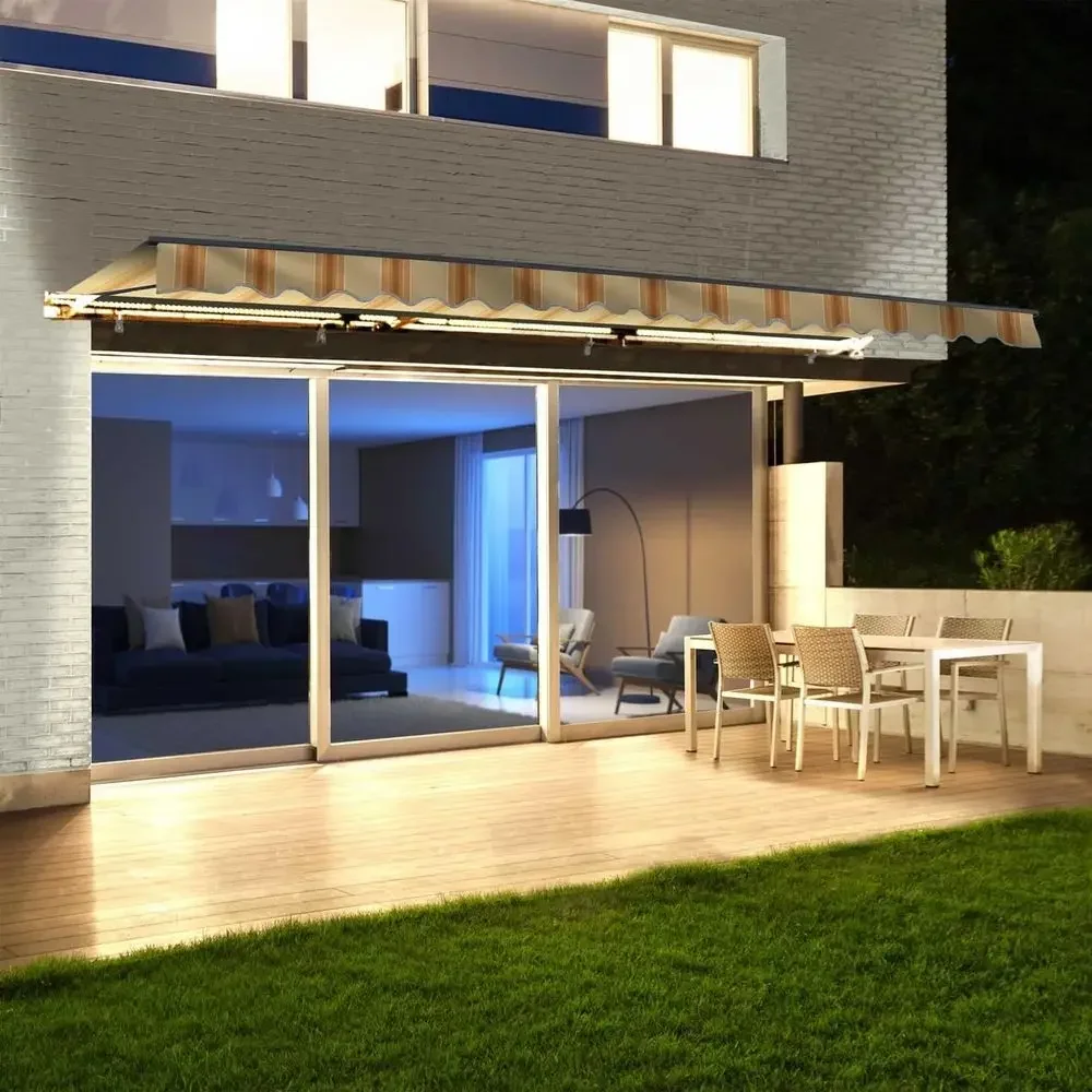 20x10 Motorized Patio Awning with Semi-Cassette, Remote & Manual Operation, LED Lights, UV-Resistant Multi-Yellow Striped Morocc