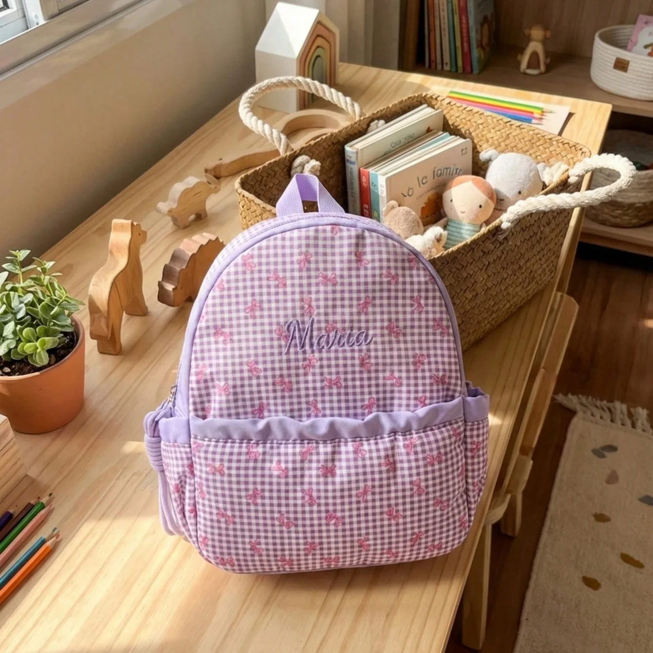 맞춤 이름-문자 자수 귀여운 리본 프린트 백팩 |   다용도 여행 및 학교 가방 어린이 및 청소년용