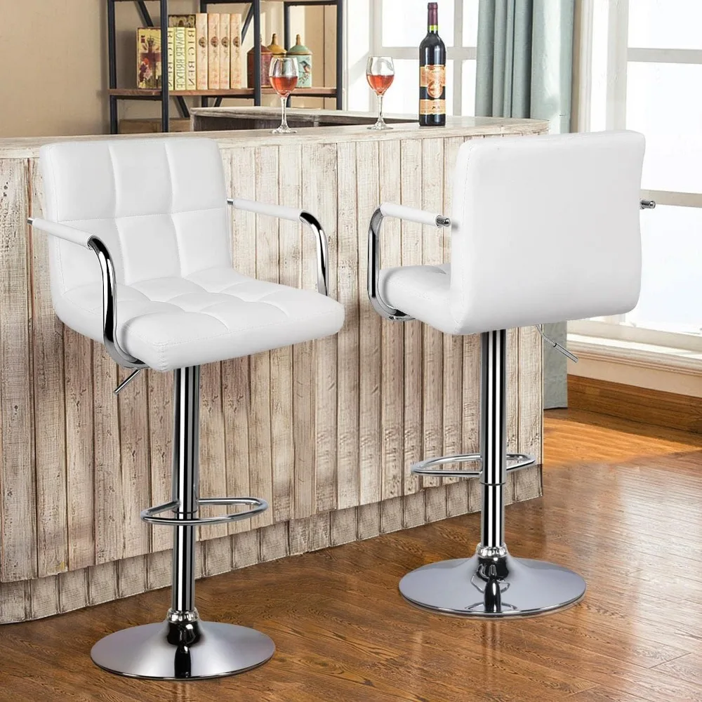 Bar Stools Set of 2, PU Leather Adjustable Swivel Barstools,Bar Chairs with Armrest and Back for Bar, Kitchen, Dining Room,White