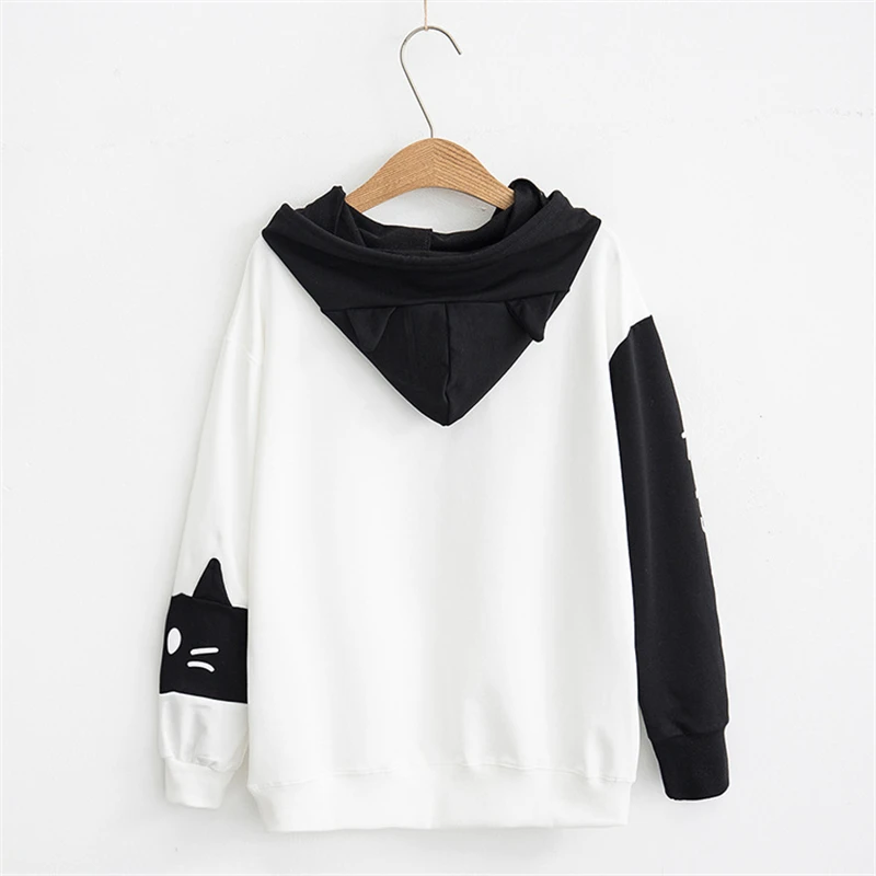 New Creative Cat Cartoon Print Color Blocking Hoodie With Black And White Patchwork Cute College Style Hoodie For Women