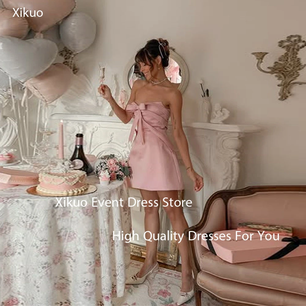 

Xikuo Mini Pink Satin Evening Dresses Birthday Above Knee Party Prom Dress A Line Bow Lace Up Back Vestidos De Fiesta Customized