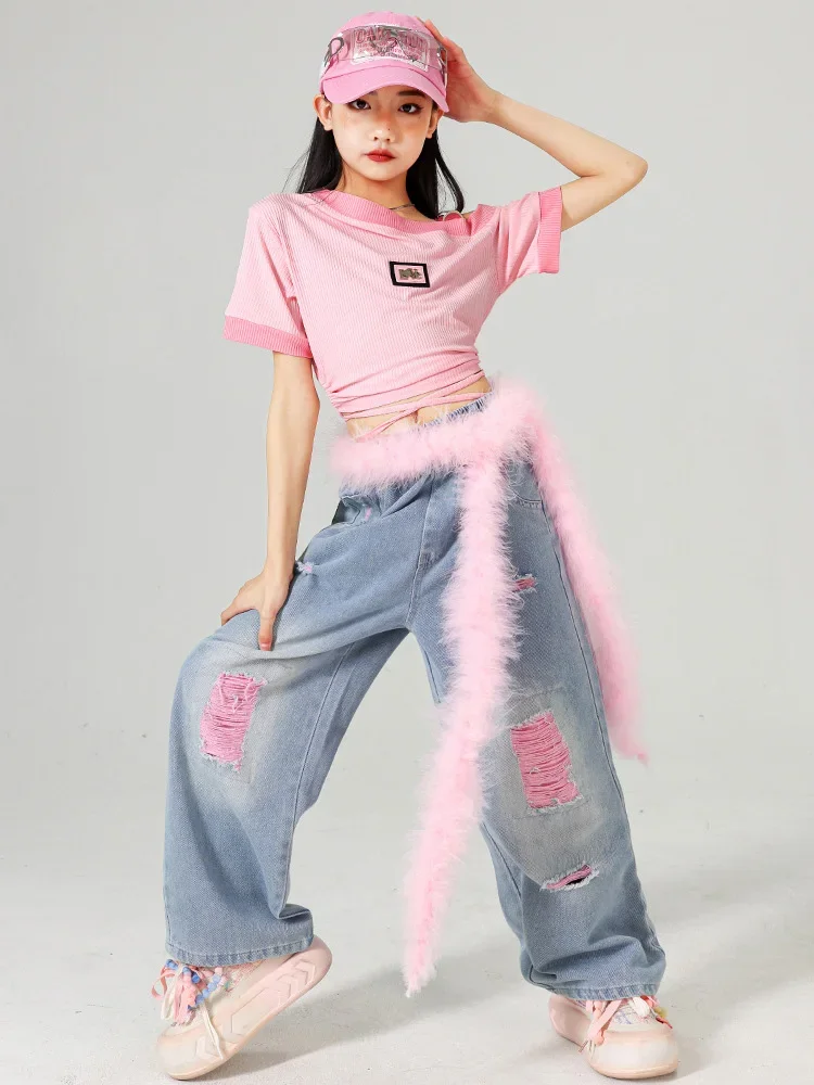 Mädchen K-pop Sets Süße Crop Top Rosa Jeans Hip Hop Kleidung Kinder Jazz Zerrissene Denim Hosen Kinder Streetwear Street Dance kostüm