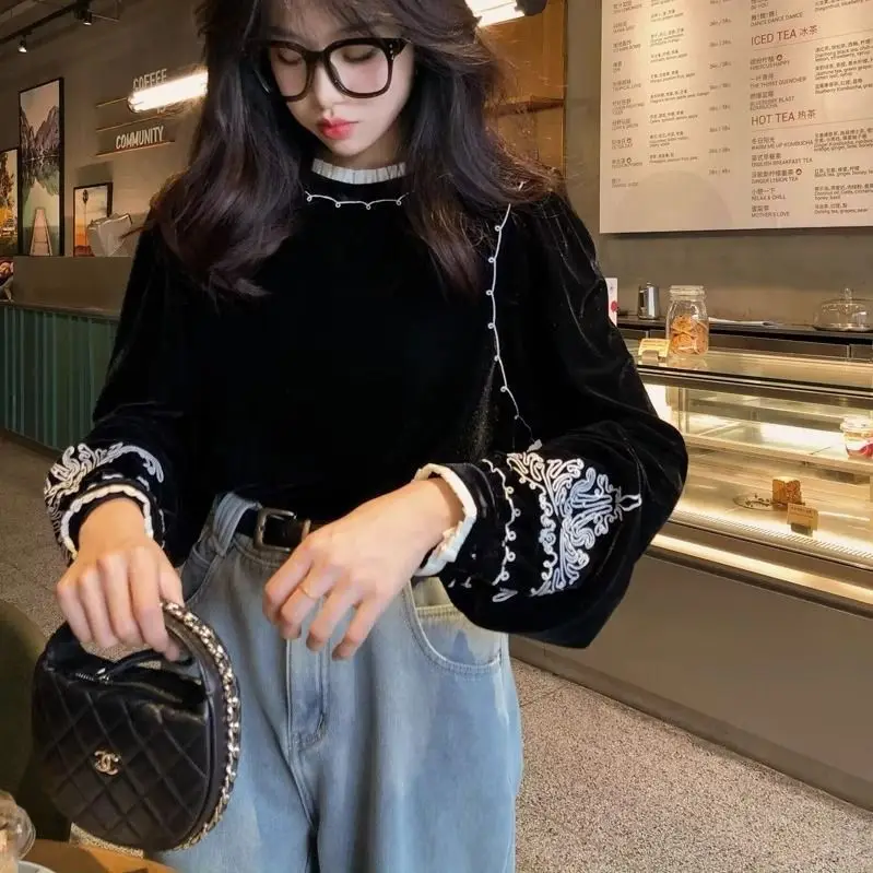 

Women Embroidered Velvet Blouse Long Lantern Sleeve Vintage Shirts Autumn Shirt Spring Autumn New Fashion Tops Casual Wear