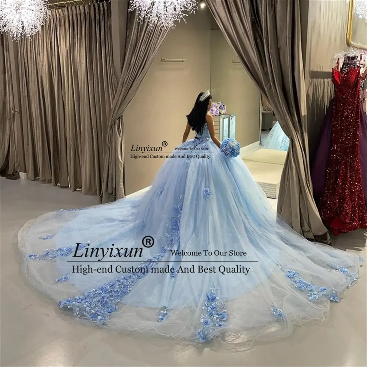 Princess Light Blue Quinceanera Dresses Handmade Flowers Ruffle Ball Gown 15 16 Year Old Girls Celebrity Birthday Party 2024