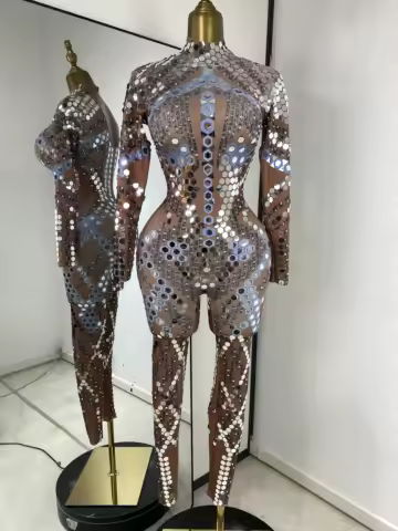 Women Performance Costumes Printed Sequines Rhinestones Spandex High Elastic Bodycon Jumpsuits Nightclub Evening Party Dress