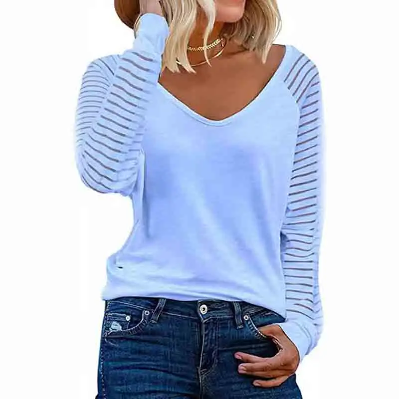 Women's Offie Lady Long-sleeved Top Fashion Elegant Striped Casual Loose Shirt 2024 Spring Autumn Solid Color V Neck T-shirt